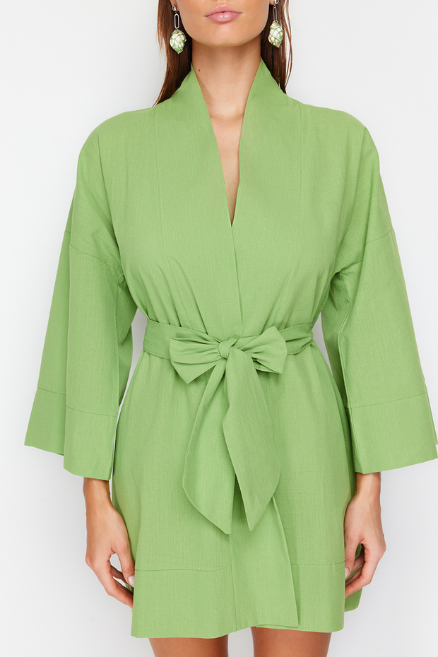 Yeşil Dokuma Plaj Mini Kuşaklı Kimono&Kaftan TBESS23KM00080 - 6