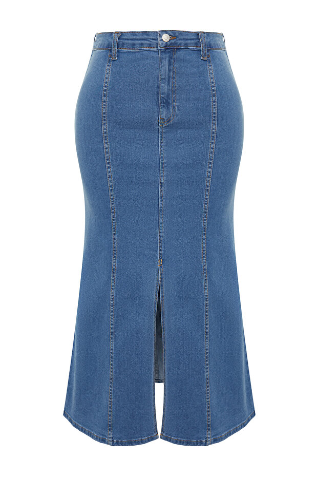 Mavi Ön Yırtmaç Detaylı Midi Denim Etek TBBSS24AZ00011 - 9