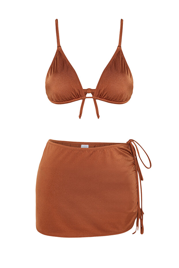 Kahverengi Üçgen Etekli Kaplı Brazilian Normal Bel 3'lü Set Bikini Takımı TBESS24BT00022 - 10