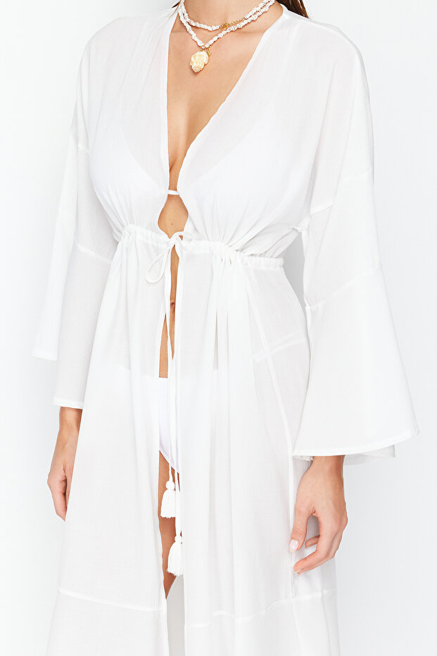 Ekru Dokuma Büzgülü Maxi Plaj Kimono&Kaftan TBESS23KM00105 - 4