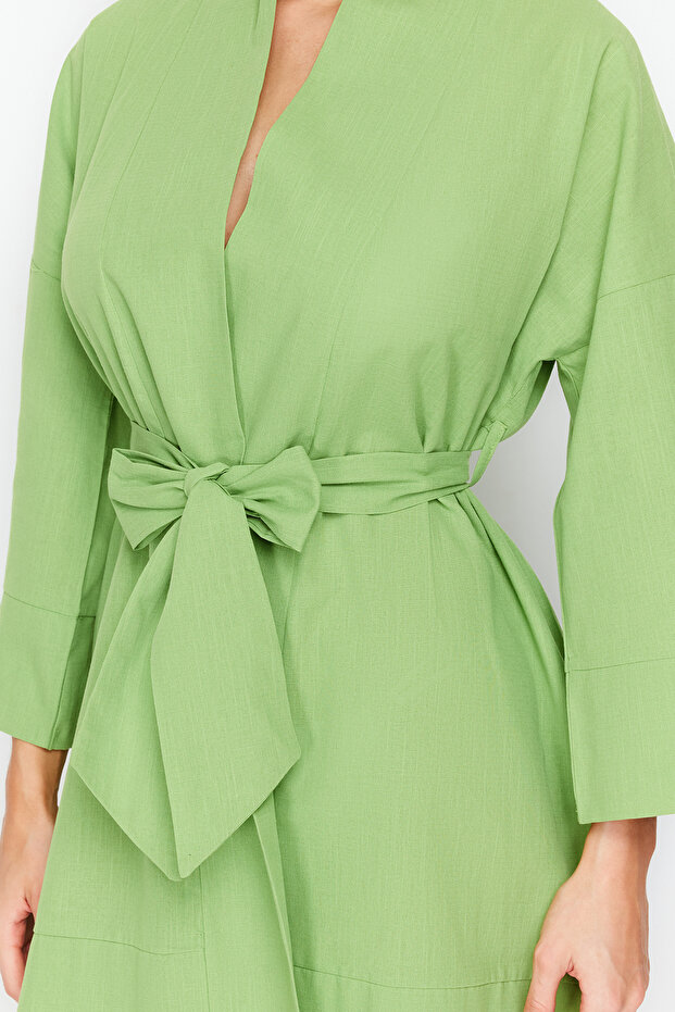 Yeşil Dokuma Plaj Mini Kuşaklı Kimono&Kaftan TBESS23KM00080 - 3
