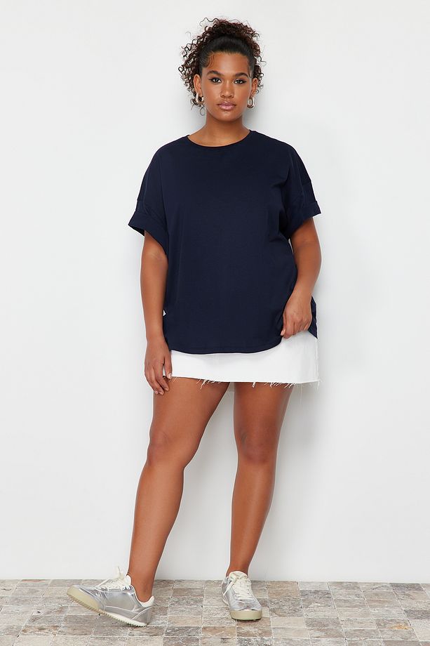 Lacivert %100 Pamuk Sırt Baskılı Rahat Kesim Bisiklet Yaka Örme T-Shirt TBBSS24BF00025 - 2