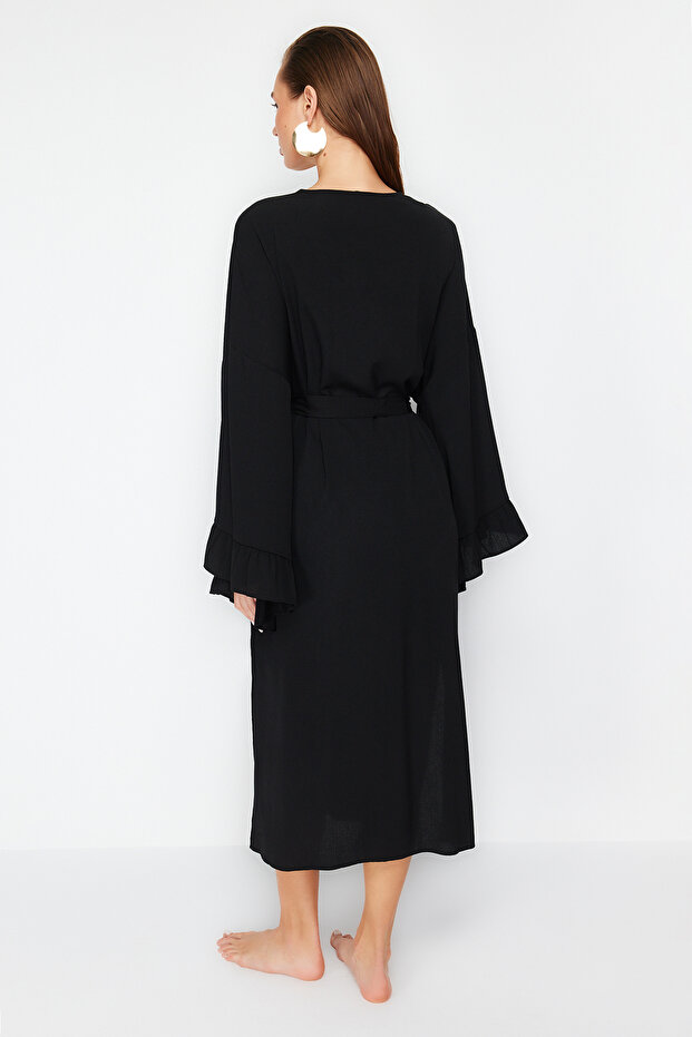 Plaj Giyim Siyah Dokuma Fırfırlı Kuşaklı Maxi Kimono&Kaftan TBESS24KM00026 - 6