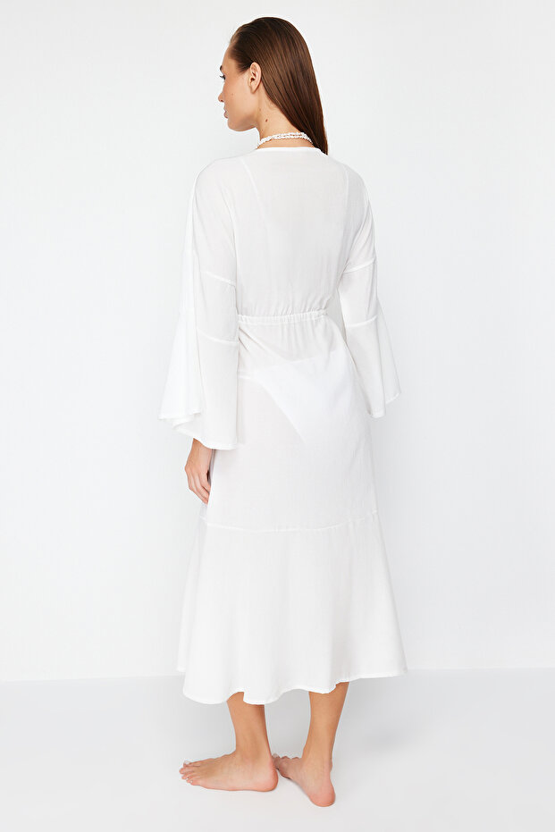 Ekru Dokuma Büzgülü Maxi Plaj Kimono&Kaftan TBESS23KM00105 - 6
