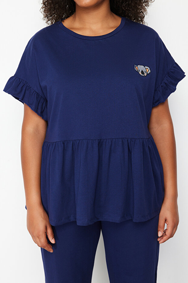 Lacivert Örme Nakışlı Volanlı Pijama Takımı TBBSS22PT0565 - 3