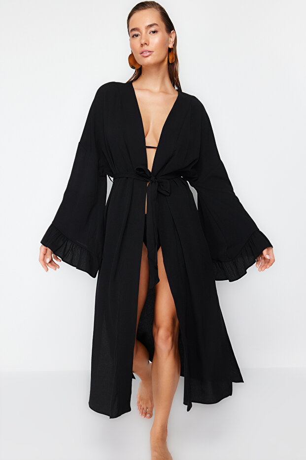 Plaj Giyim Siyah Dokuma Fırfırlı Kuşaklı Maxi Kimono&Kaftan TBESS24KM00026 - 3
