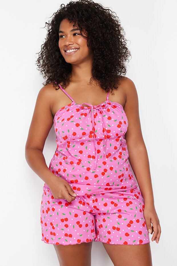 Çok Renkli  Kiraz Desenli Örme Pijama Takımı TBBSS24AI00036 - 1