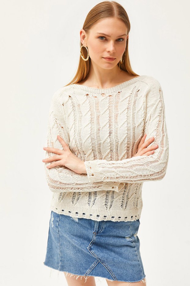 Women's Ecru Hair Weave Detailed Seasonal Knit Blouse BLZ-19002511