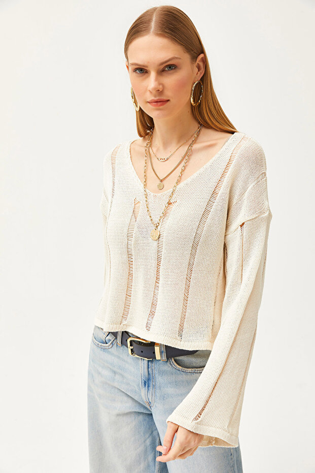 Kadın Ekru V Yaka Önü Kolu Şeritli Pamuk Triko Bluz BLZ-19002498 - 2
