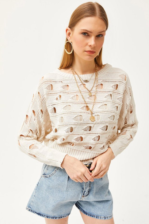 Women's Ecru Large Perforated Bat Seasonal Knitwear Blouse BLZ-19002503