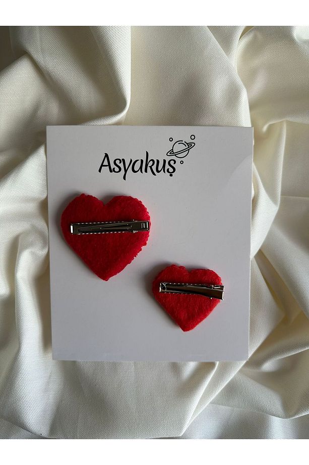 Efsarstudio Handmade Kırmızı Kalp Punch Nakışı Anne Kız Klips Toka Seti - 3