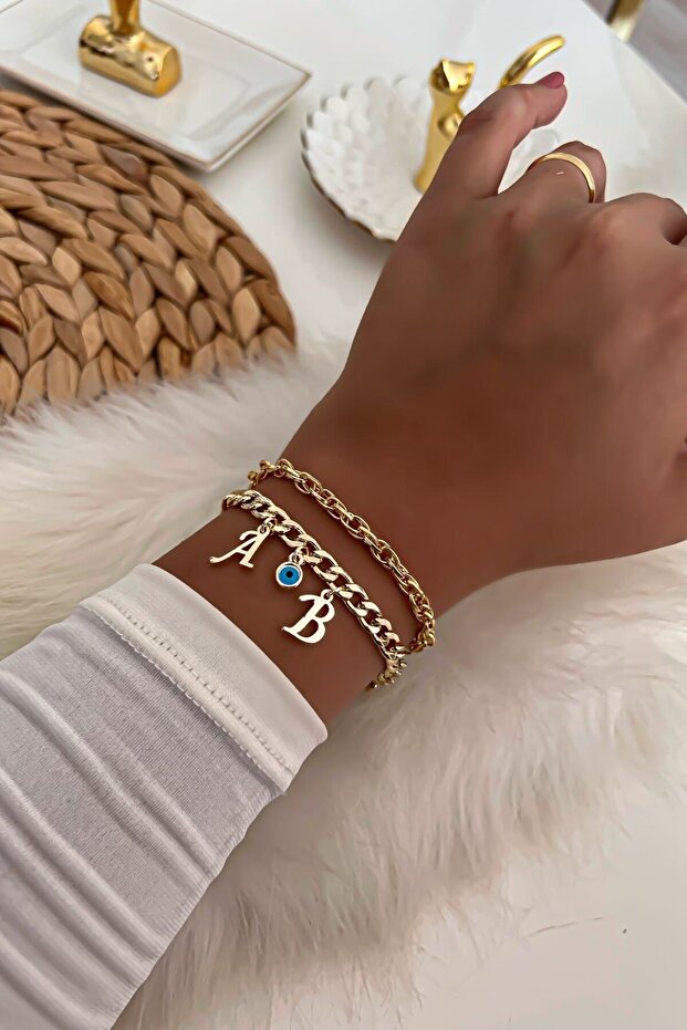 Gold Color Letters Selectable Evil Eye Detailed Chain Bracelet Combination 14