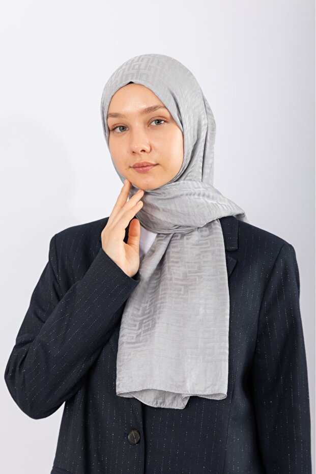 Imported Silky Jacquard Shawl Geometric - Silver Gray