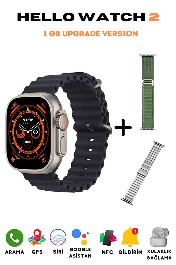 H11 Hello Watch Ultra 2 Metal Kordon Hediyeli Upgrade Version Pusula / Nfc / Siri Aktif Akıllı Saat - 1