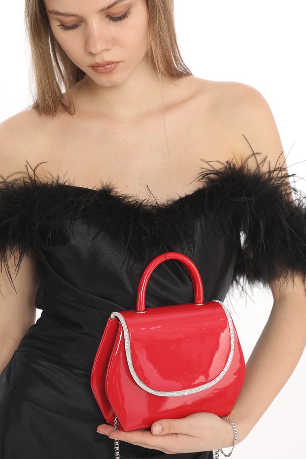 Red Color Shiny Patent Leather Stone Chain Strap New Season Women's Evening Dress Porfolio Clutch Bag