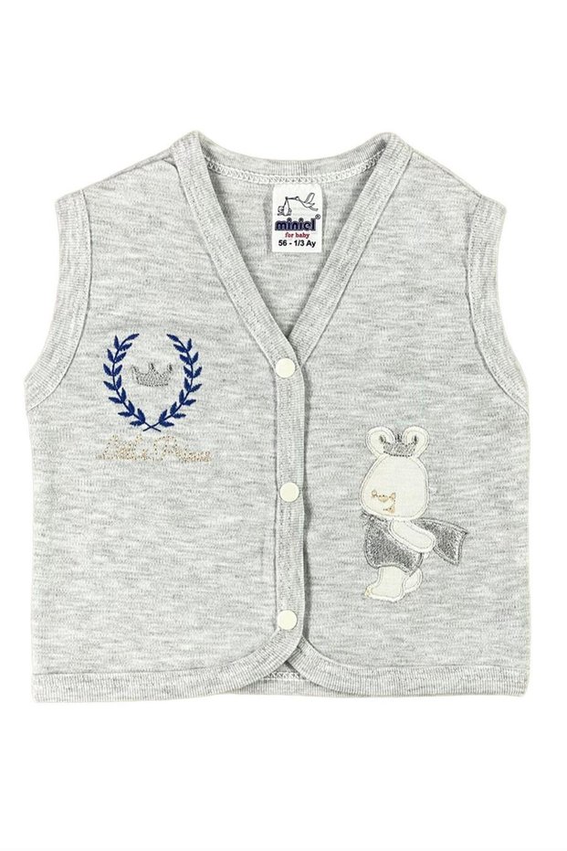 Baby Boy Glitter Prince Teddy Bear Embroidered Organic Cotton 3-6-9 Months Combed Cotton Baby Vest - Gray