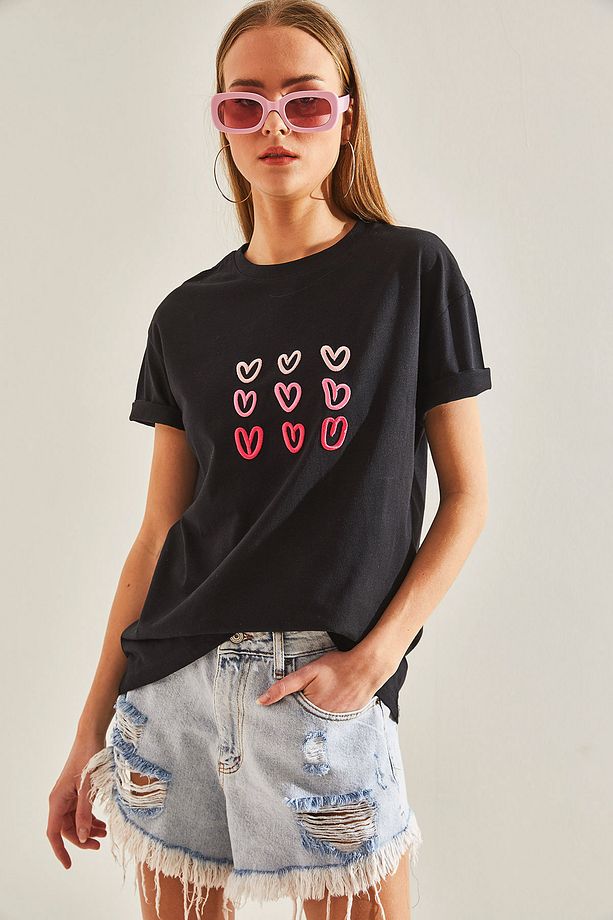Kadın Kalp Baskılı Tshirt - 5
