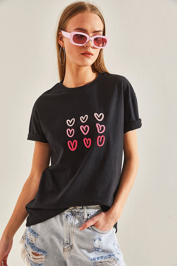 Kadın Kalp Baskılı Tshirt - 6