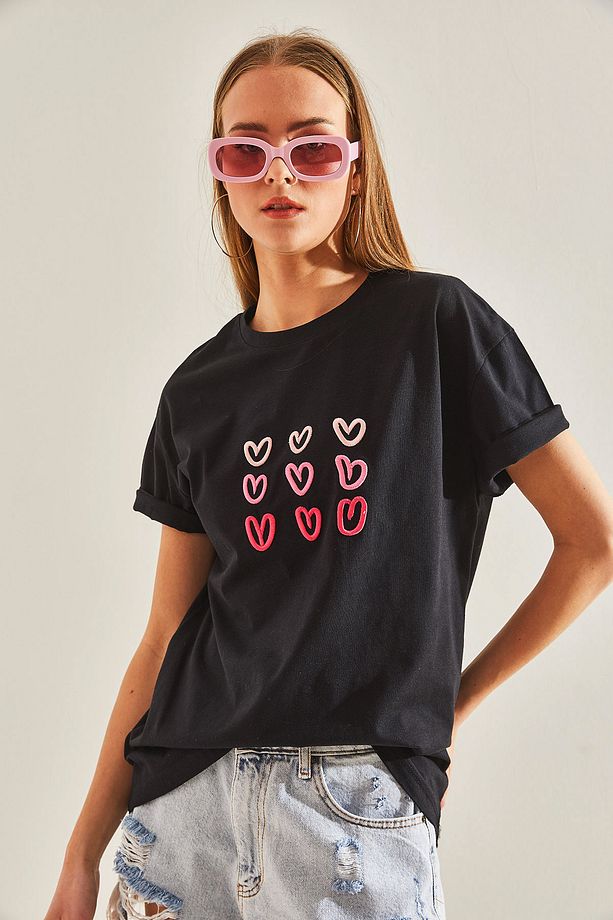 Kadın Kalp Baskılı Tshirt - 8