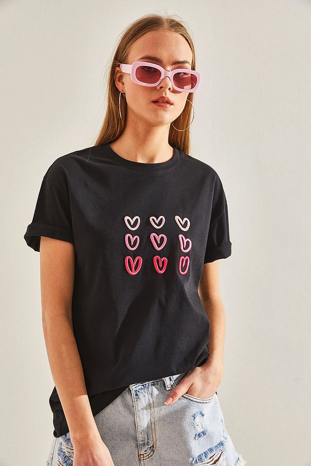 Kadın Kalp Baskılı Tshirt - 7