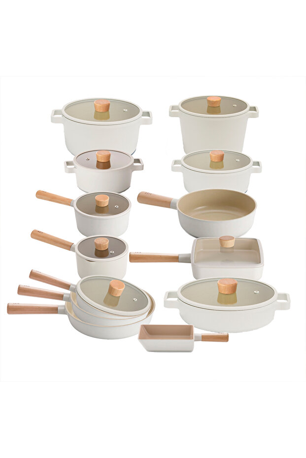 Fika Beige Cast Aluminum Glass Lid 22-Piece Pot & Pan Set