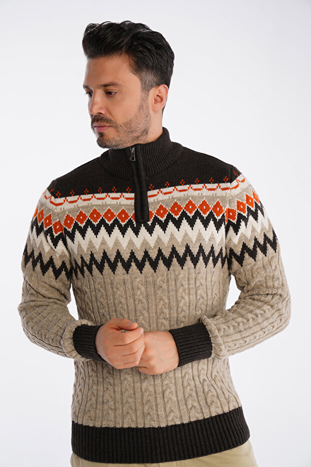 Men's Mink Stand Collar Zippered Hair Braided Jacquard Patterned Knitwear Wool Sweater Trist-5323