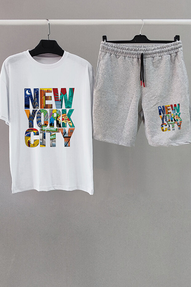 New York Printed White Oversize T-Shirt and Gray Shorts Combo