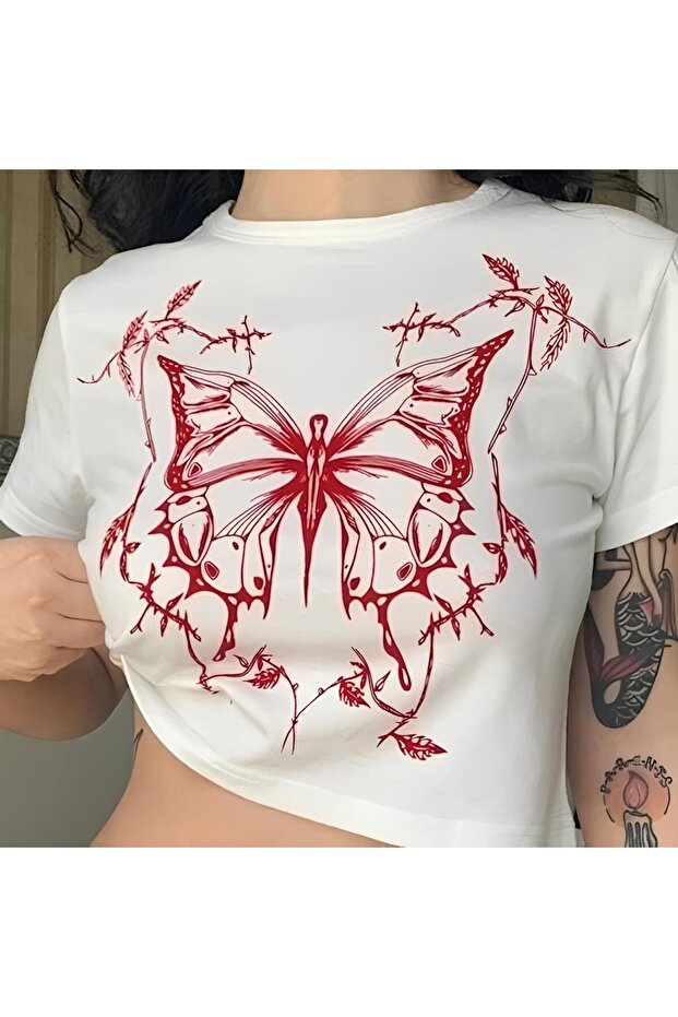 Symmetrical Butterfly Detail Half T-Shirt Body Crop