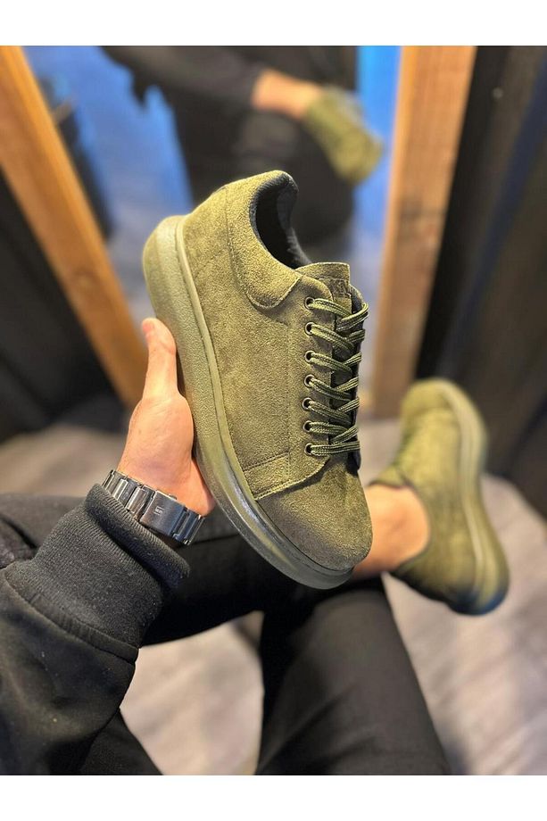 B044 HT Bağcıklı Ortopedik Taban Süet Erkek Sneaker Ayakkabı Haki - 4