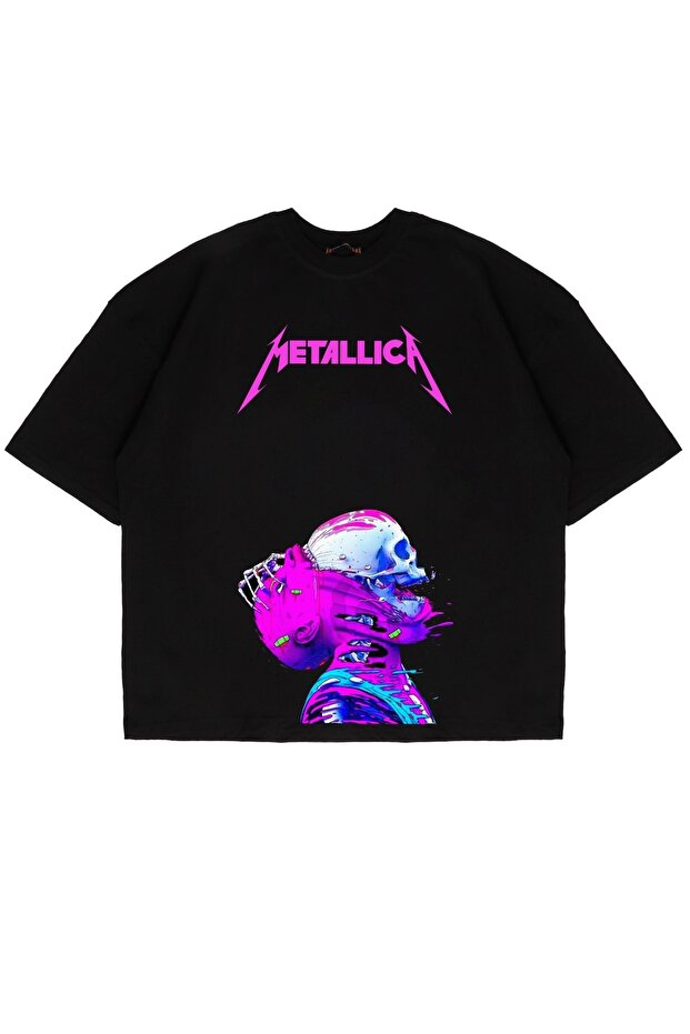 Metallica Neon Pink Printed Black Unisex Oversize T-Shirt