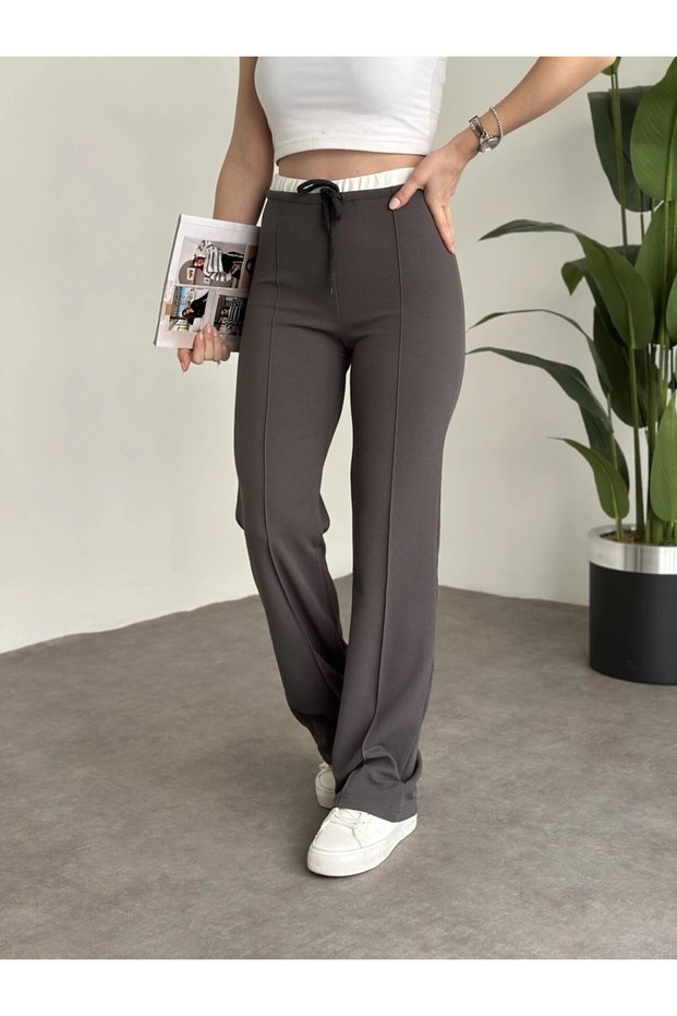 Women's Waist Detailed Lace Up Transverse Neck Full Lycra Crepe Trousers 3837