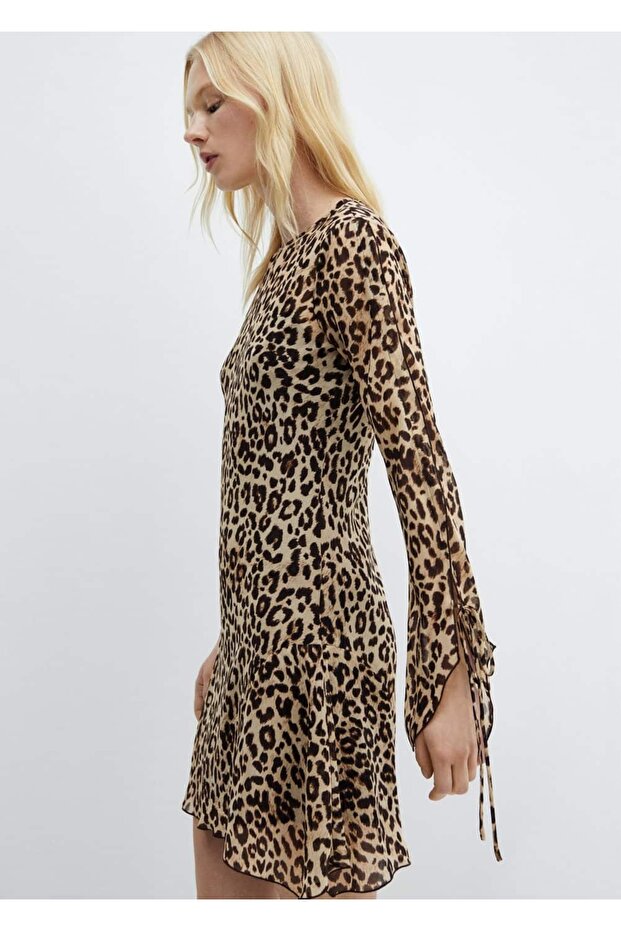 Dökümlü leopar desenli elbise - 6