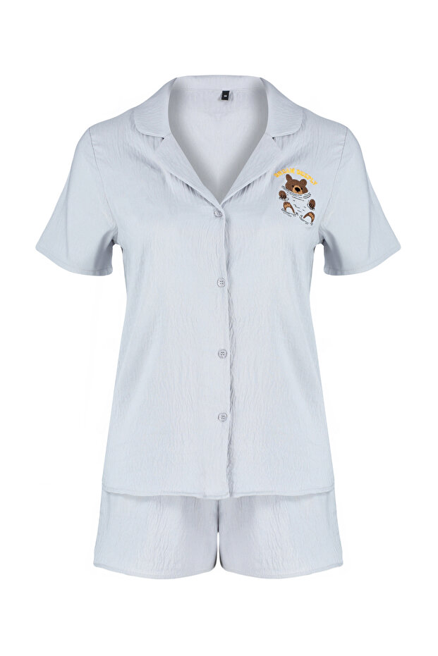 Gri Ayıcıklı Şortlu Dokuma Pijama Takımı THMSS24PT00065 - 7
