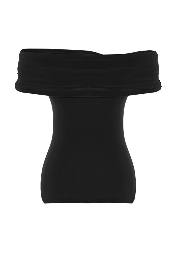 Siyah Carmen Yaka Vücuda Oturan Esnek Crop Örme Madonna Yaka Bluz TWOSS24BZ00368 - 8