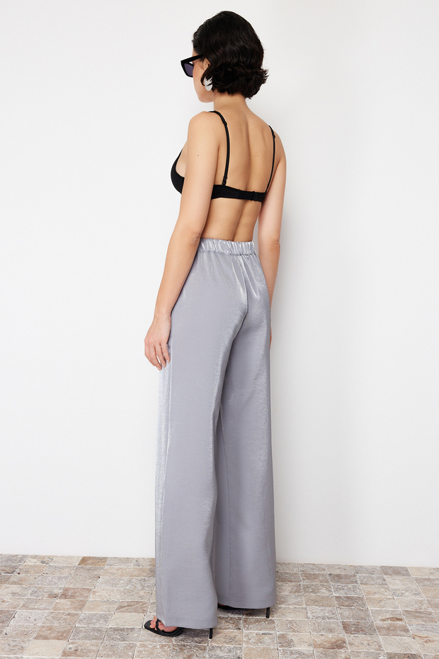Antrasit Saten Wide Leg/Geniş Paça Lastikli Dokuma Pantolon TWOSS24PL00086 - 6