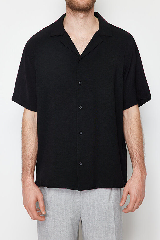 Siyah Oversize Fit Yazlık Kısa Kollu Keten Görünümlü Gömlek TMNSS24GO00019 - 4