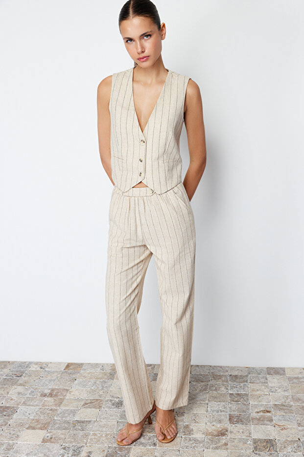 Bej Çizgili Pamuk Keten Crop Dokuma Yelek TWOSS24YE00025 - 12
