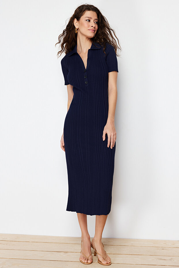 Lacivert Maxi Polo Yaka Elbise TWOSS24EL00282 - 4