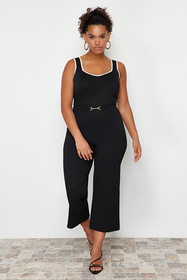 Siyah Çizgi Detaylı Kare Yaka Bodycon İnce Triko Bluz TBBSS24AF00052 - 1
