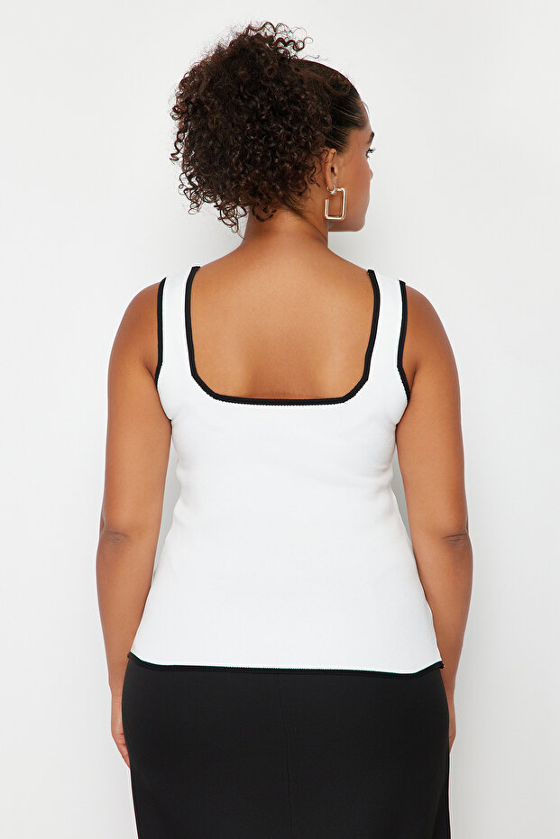 Ekru Çizgi Detaylı Kare Yaka Bodycon İnce Triko Bluz TBBSS24AF00052 - 6