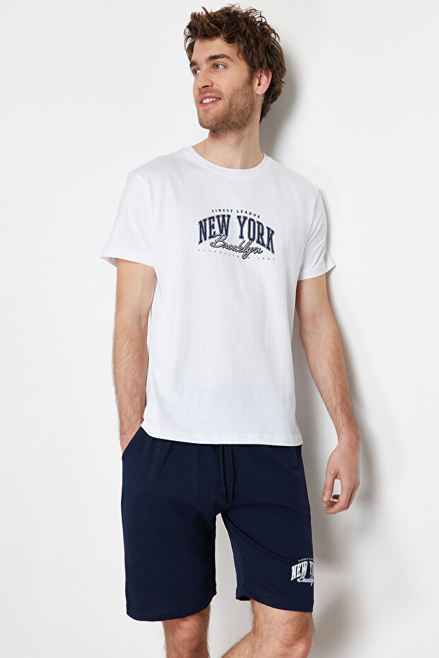 Lacivert-Beyaz Baskılı %100 Pamuk Regular Fit Örme Şortlu Pijama Takımı TMNSS24PT00012 - 2