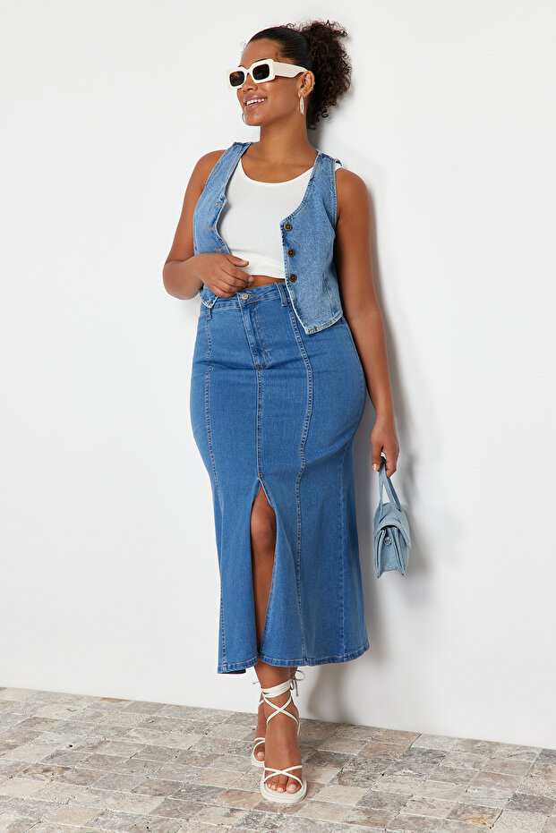 Mavi Ön Yırtmaç Detaylı Midi Denim Etek TBBSS24AZ00011 - 4