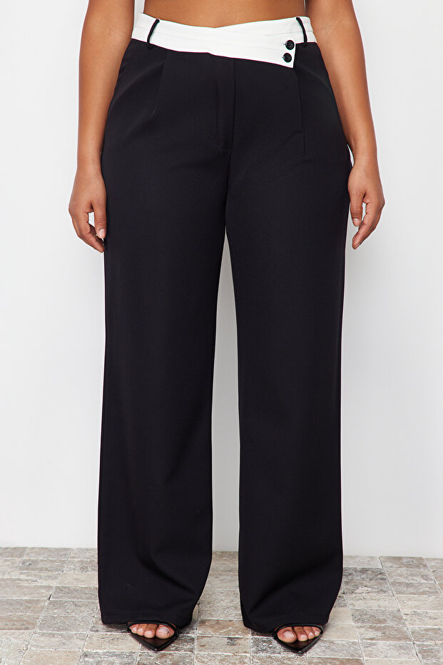 Siyah Yüksek Bel Kontrast Asimetrik Kemerli Wide Leg Dokuma Pantolon TBBSS24AR00016 - 6