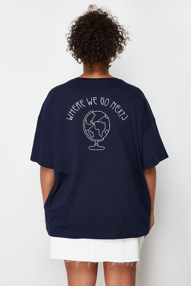 Lacivert %100 Pamuk Sırt Baskılı Rahat Kesim Bisiklet Yaka Örme T-Shirt TBBSS24BF00025 - 6