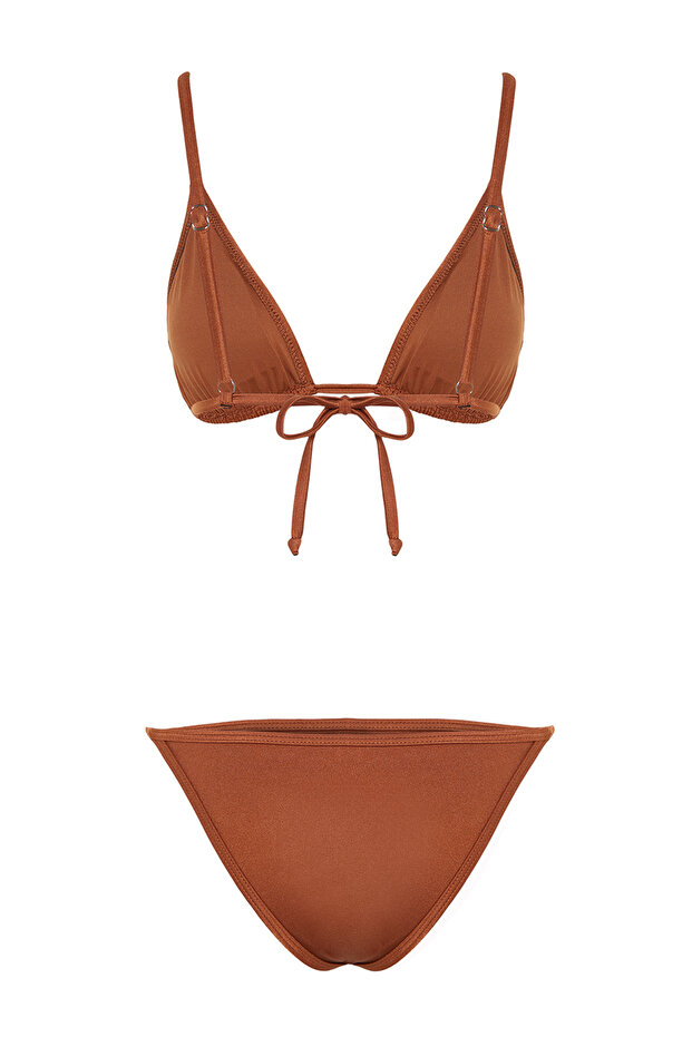Kahverengi Üçgen Etekli Kaplı Brazilian Normal Bel 3'lü Set Bikini Takımı TBESS24BT00022 - 9