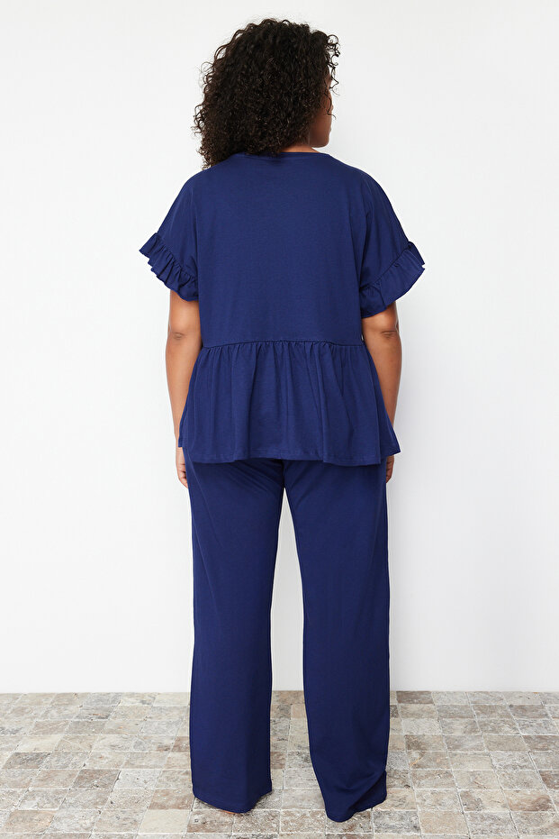 Lacivert Örme Nakışlı Volanlı Pijama Takımı TBBSS22PT0565 - 6