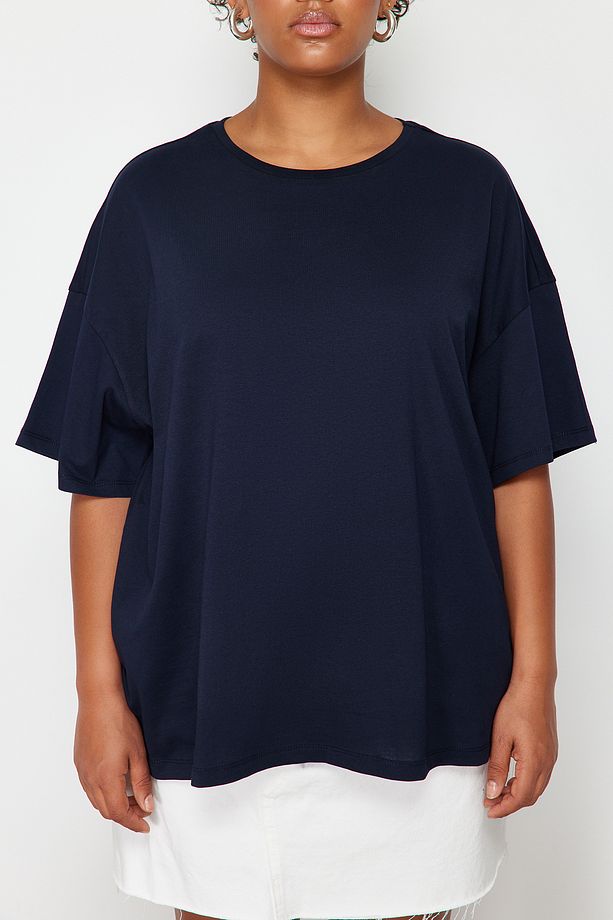 Lacivert %100 Pamuk Sırt Baskılı Rahat Kesim Bisiklet Yaka Örme T-Shirt TBBSS24BF00025 - 4