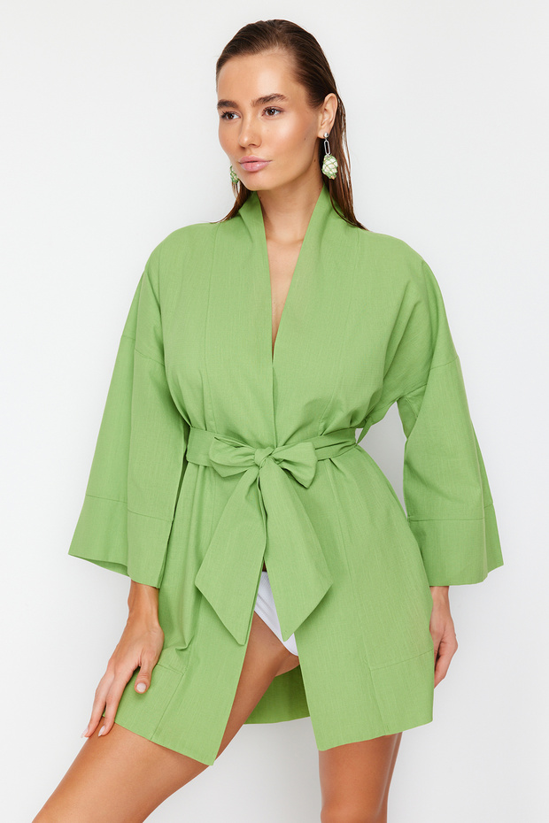 Yeşil Dokuma Plaj Mini Kuşaklı Kimono&Kaftan TBESS23KM00080 - 2
