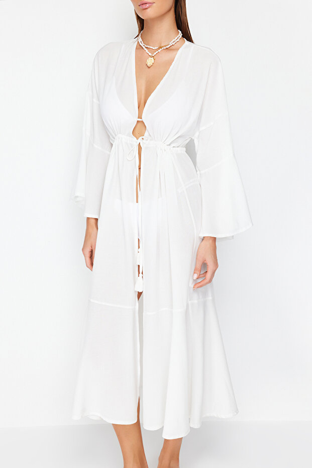 Ekru Dokuma Büzgülü Maxi Plaj Kimono&Kaftan TBESS23KM00105 - 5