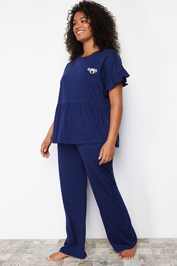 Lacivert Örme Nakışlı Volanlı Pijama Takımı TBBSS22PT0565 - 2